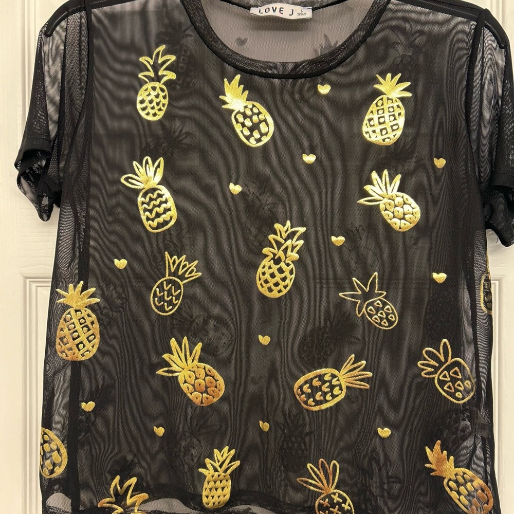 Love J Black Mesh Top with Gold Pineapple Design
